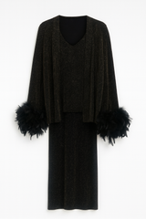 Glitter Jacket Pant and Top Set with feather sleeves.