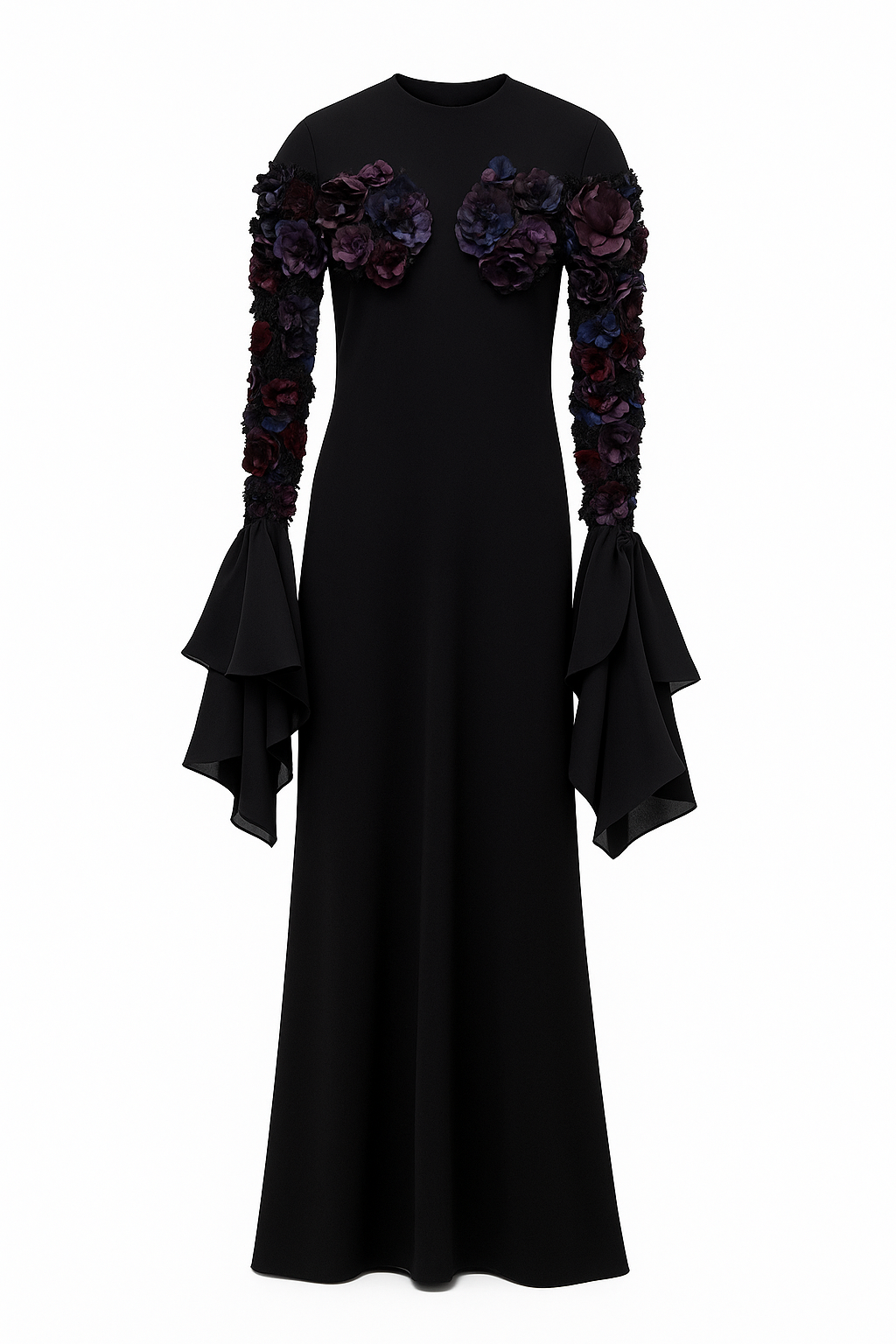 Black Gown with Floral Appliqué Sleeves