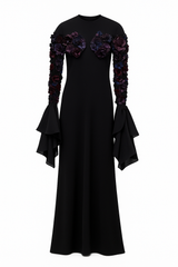 Black Gown with Floral Appliqué Sleeves