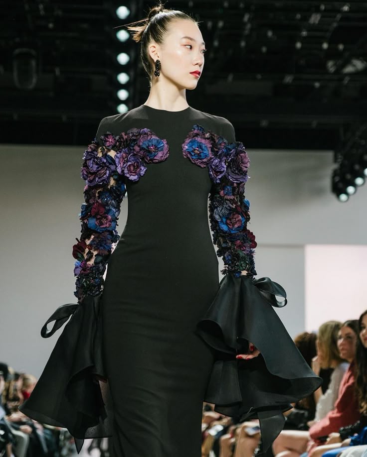 Black Gown with Floral Appliqué Sleeves