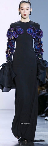 Black Gown with Floral Appliqué Sleeves