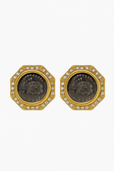 Ancient Coin and Rhinestone Clip Earrings