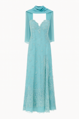 Blue Beaded Corseted Gown with Scarf