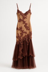 Bronze Dress with floral beading and Chiffon Train