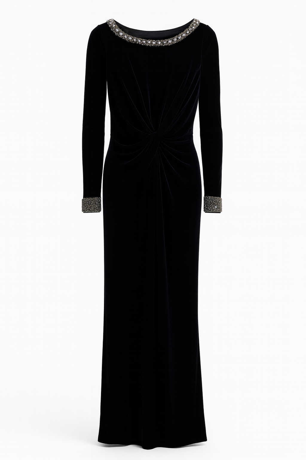 Navy Blue Gown with Rhinestone Collar, cuffs & An Open Back