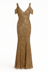 Off the Shoulder Gold Sequins Gown