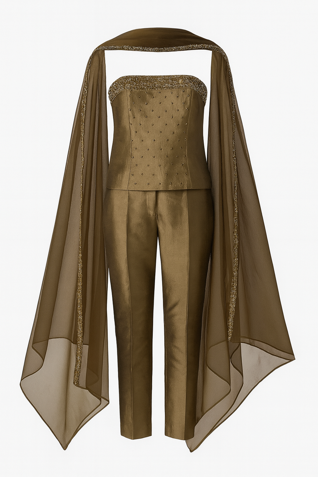 Raw Silk Beaded Top Pant and Shawl Set
