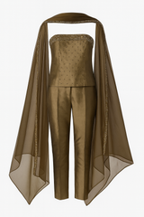 Raw Silk Beaded Top Pant and Shawl Set