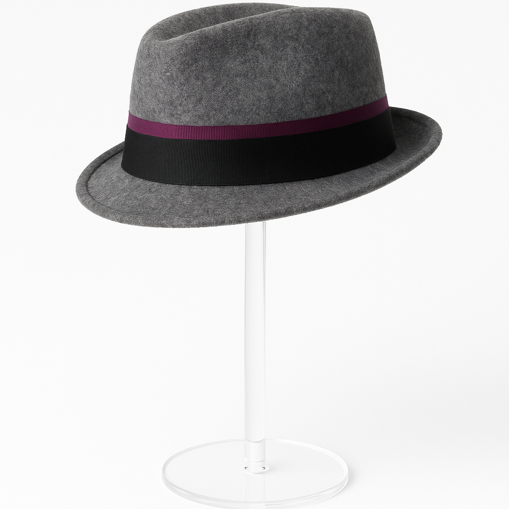 Grey Fedora with Purple Ribbon