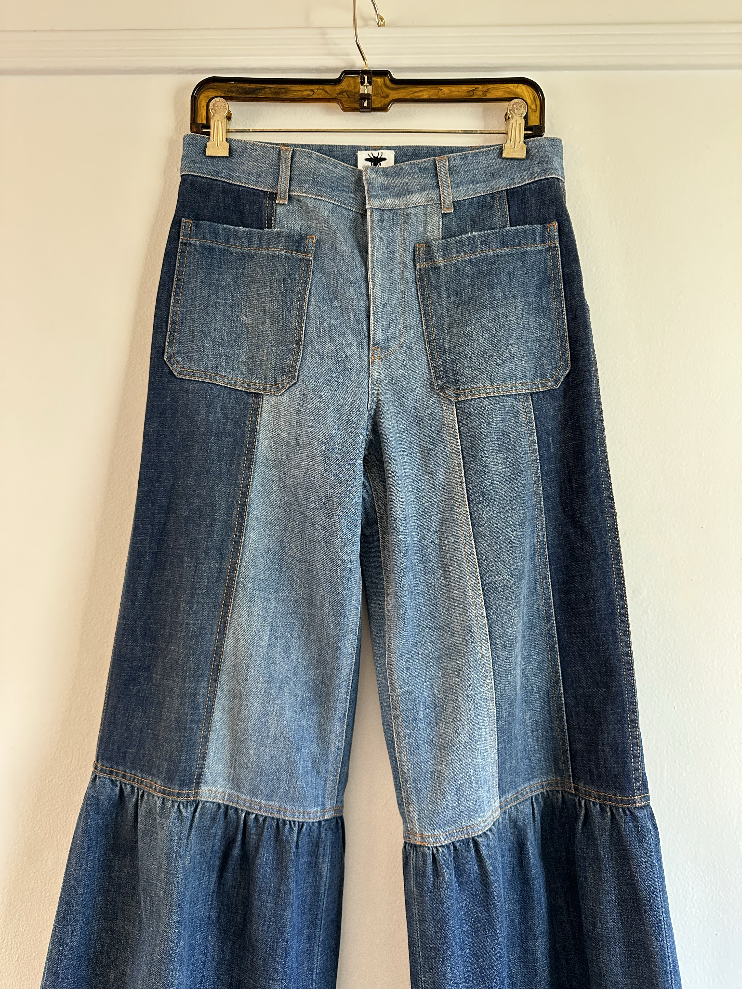 Jeans with Patchwork and Flare Bell Bottoms