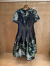 Black Silk Floral Jacquard Flared Dress