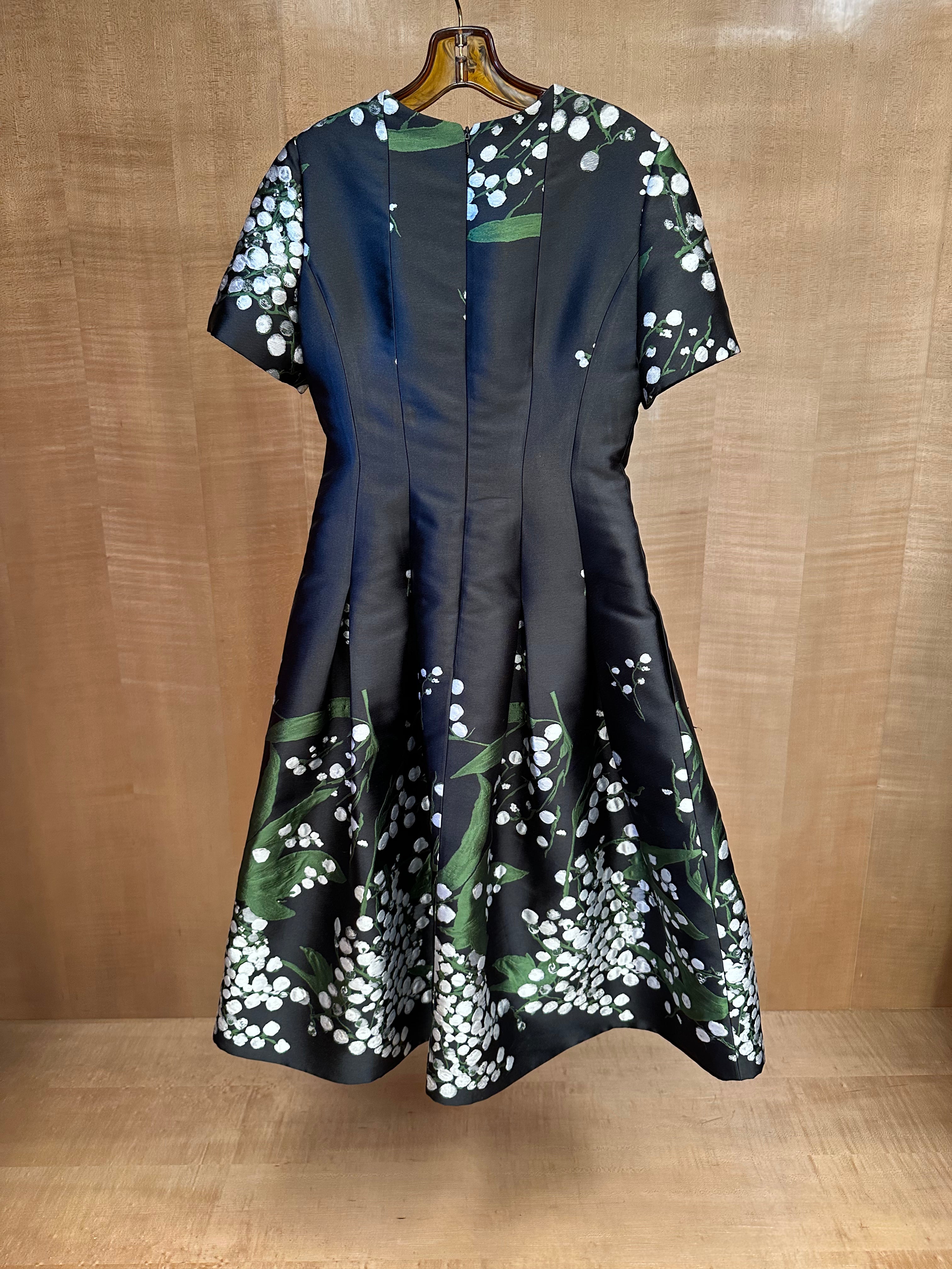 Black Silk Floral Jacquard Flared Dress