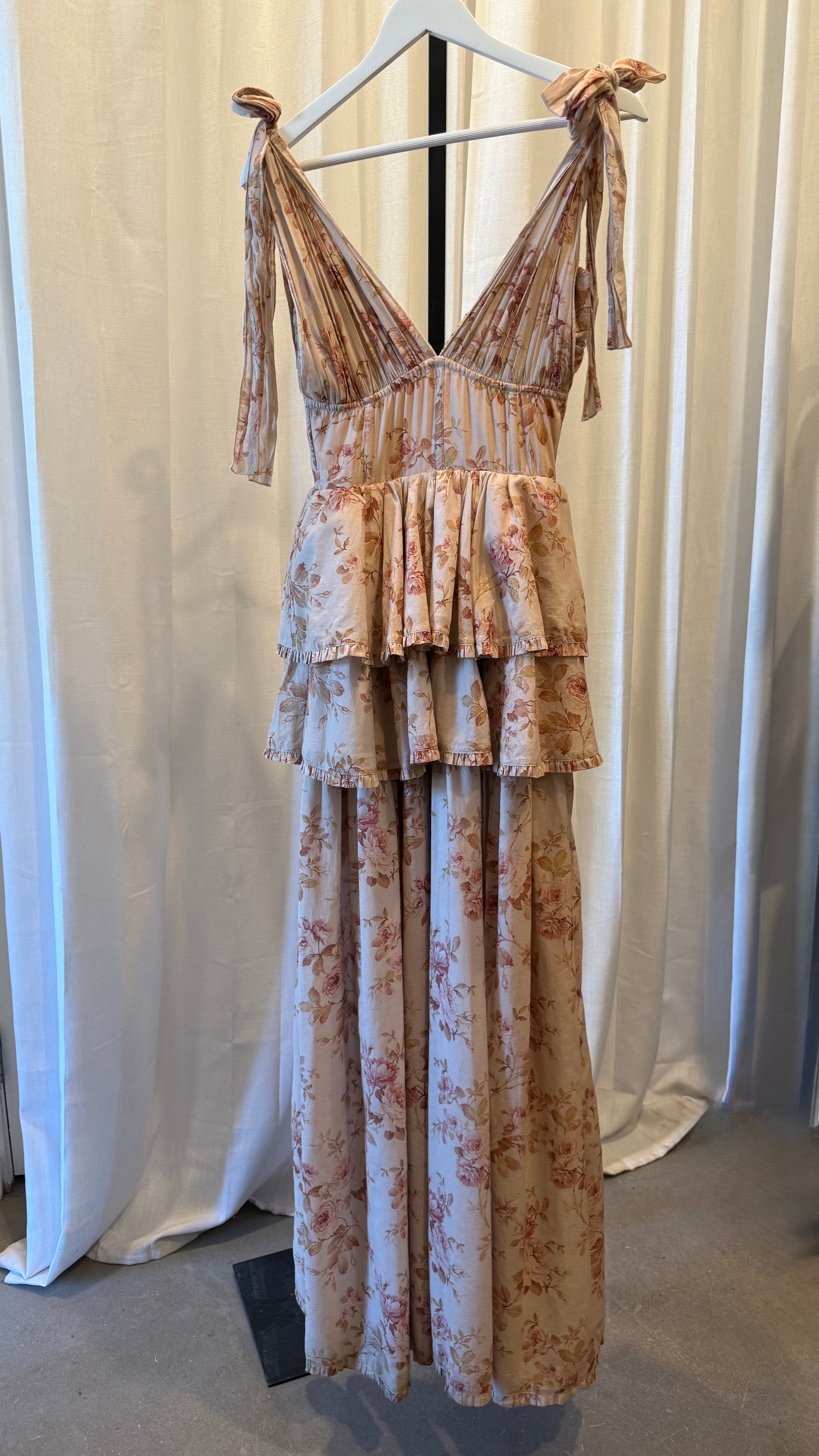 Rose Print Ruffled Gown