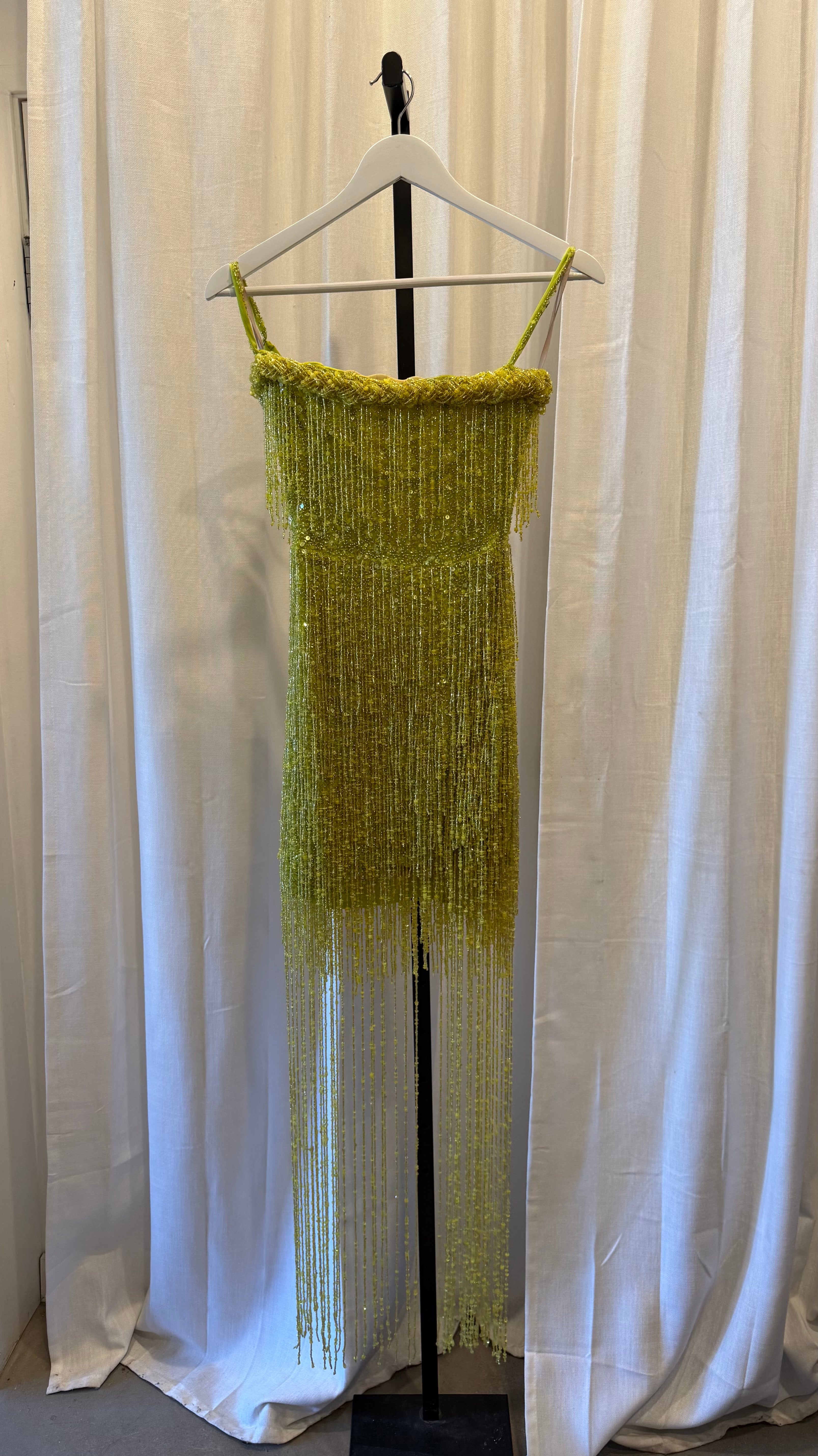 Beaded Tulle Midi Dress In Lime