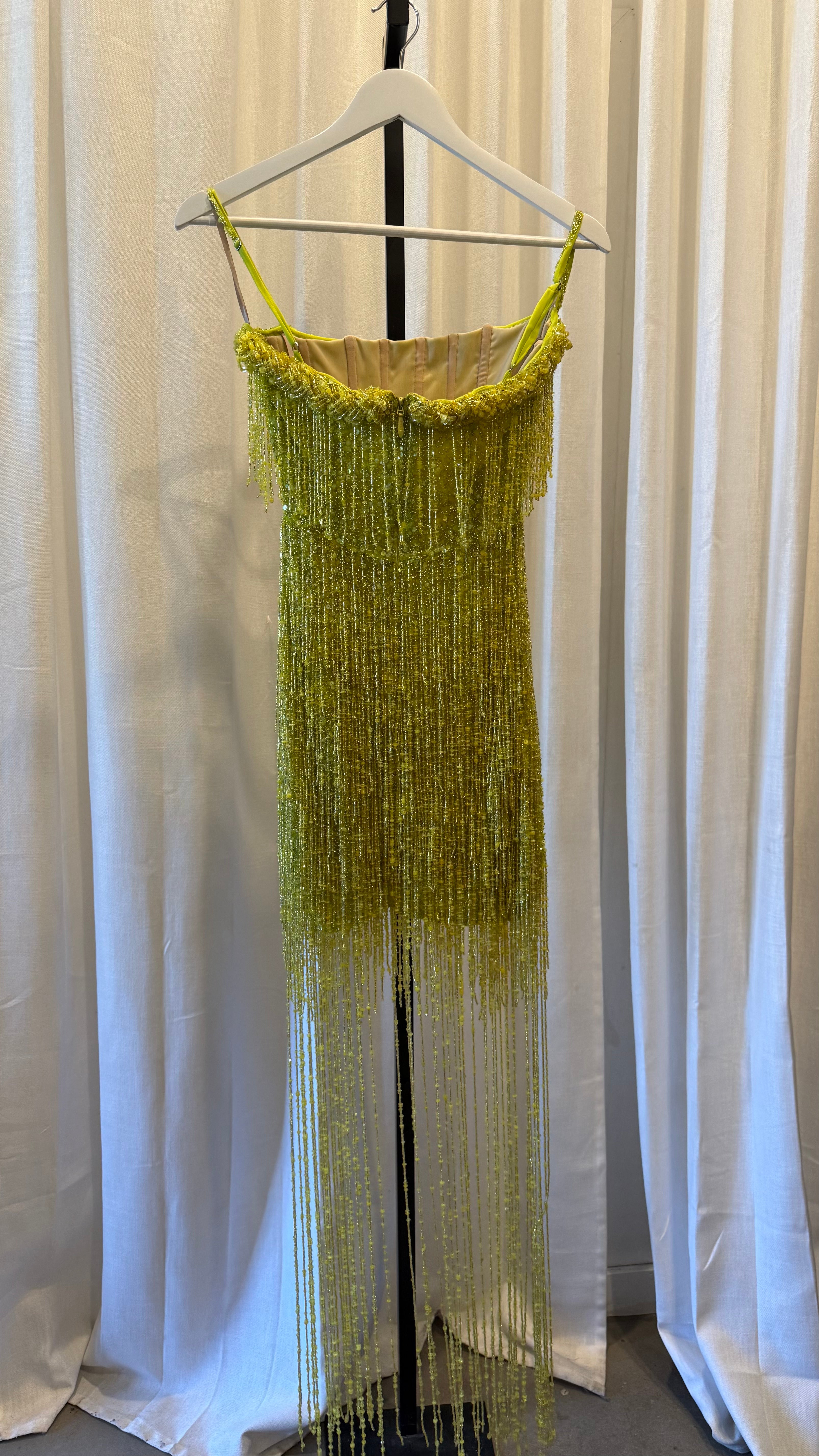 Beaded Tulle Midi Dress In Lime