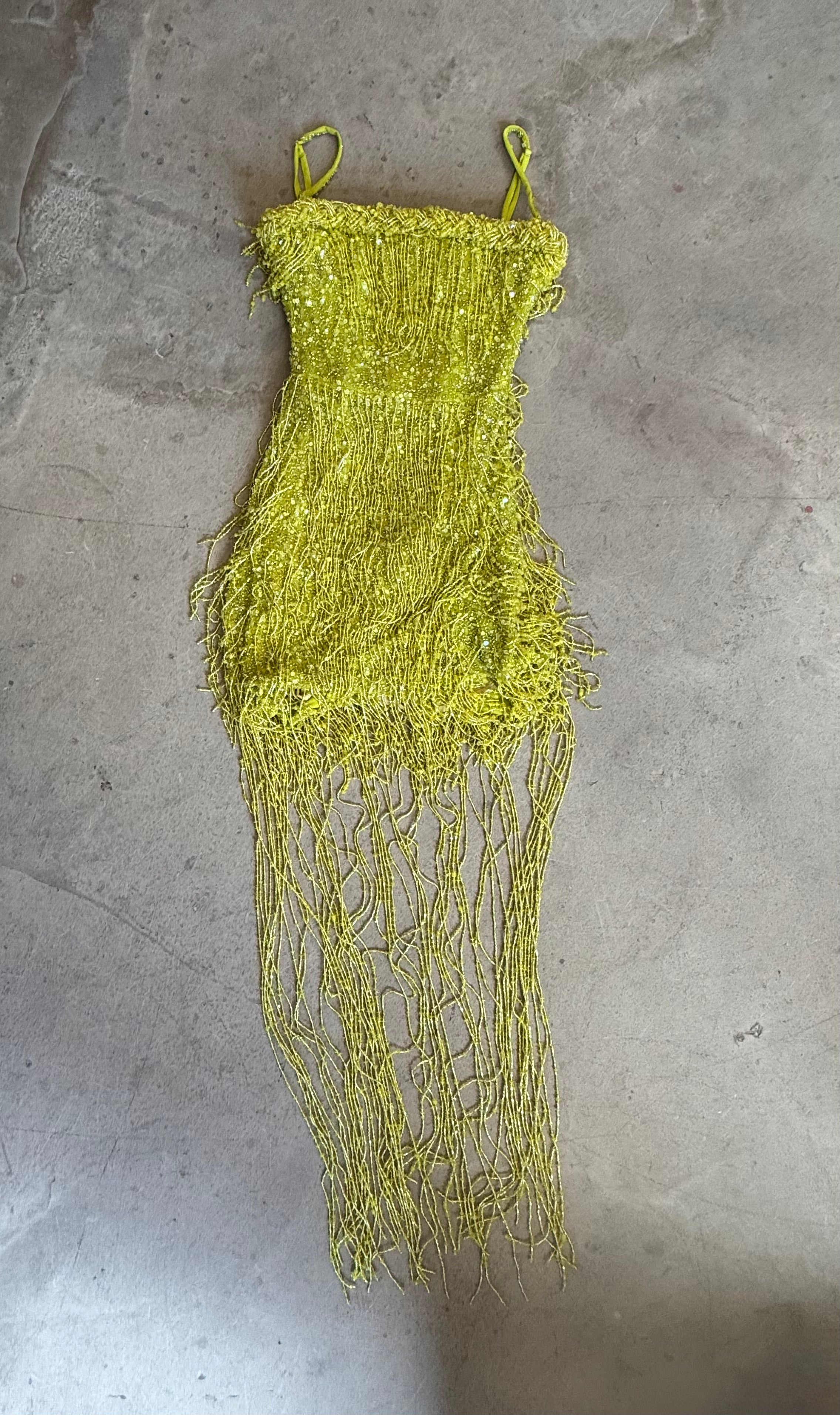 Beaded Tulle Midi Dress In Lime