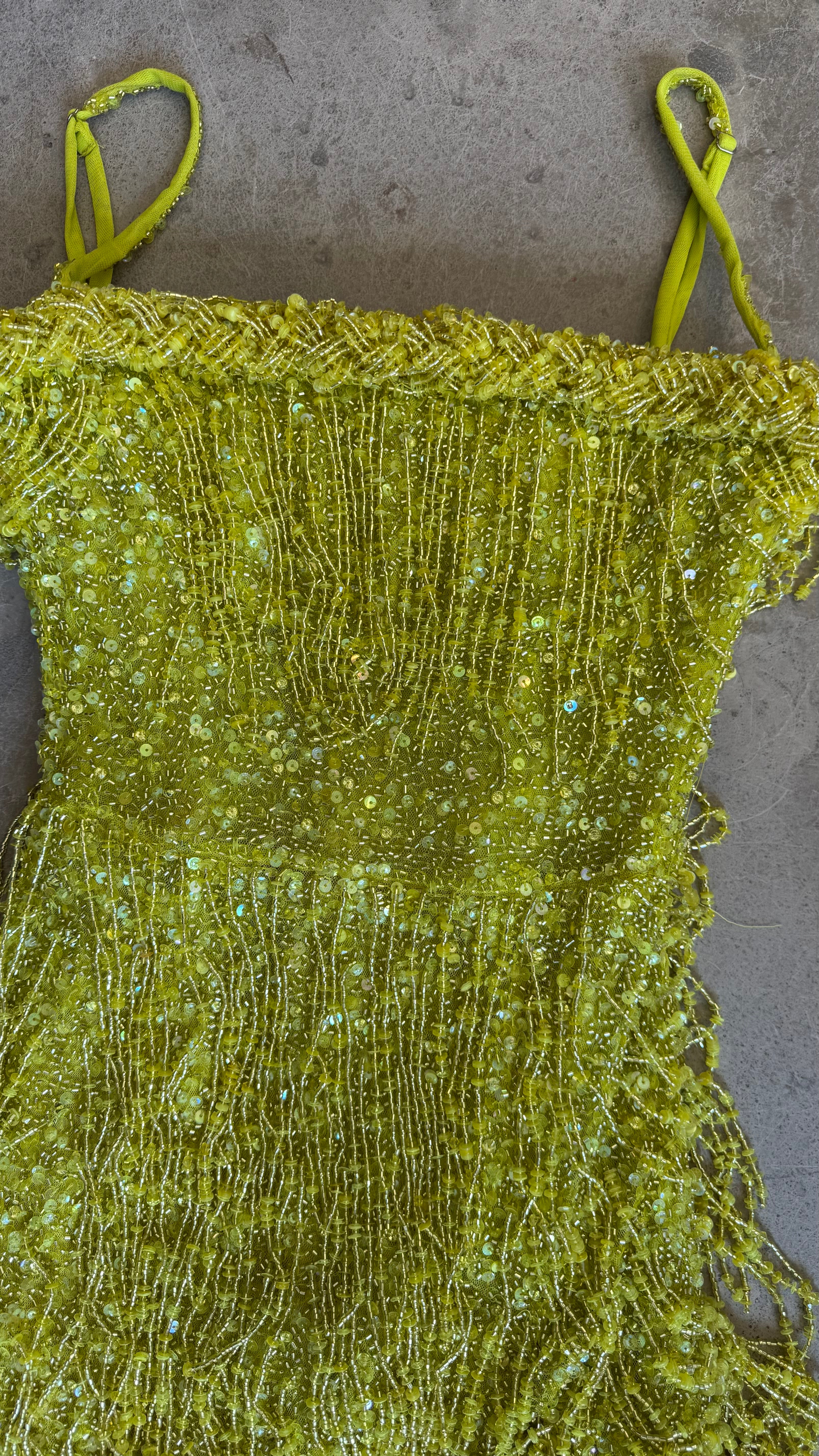 Beaded Tulle Midi Dress In Lime