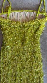 Beaded Tulle Midi Dress In Lime