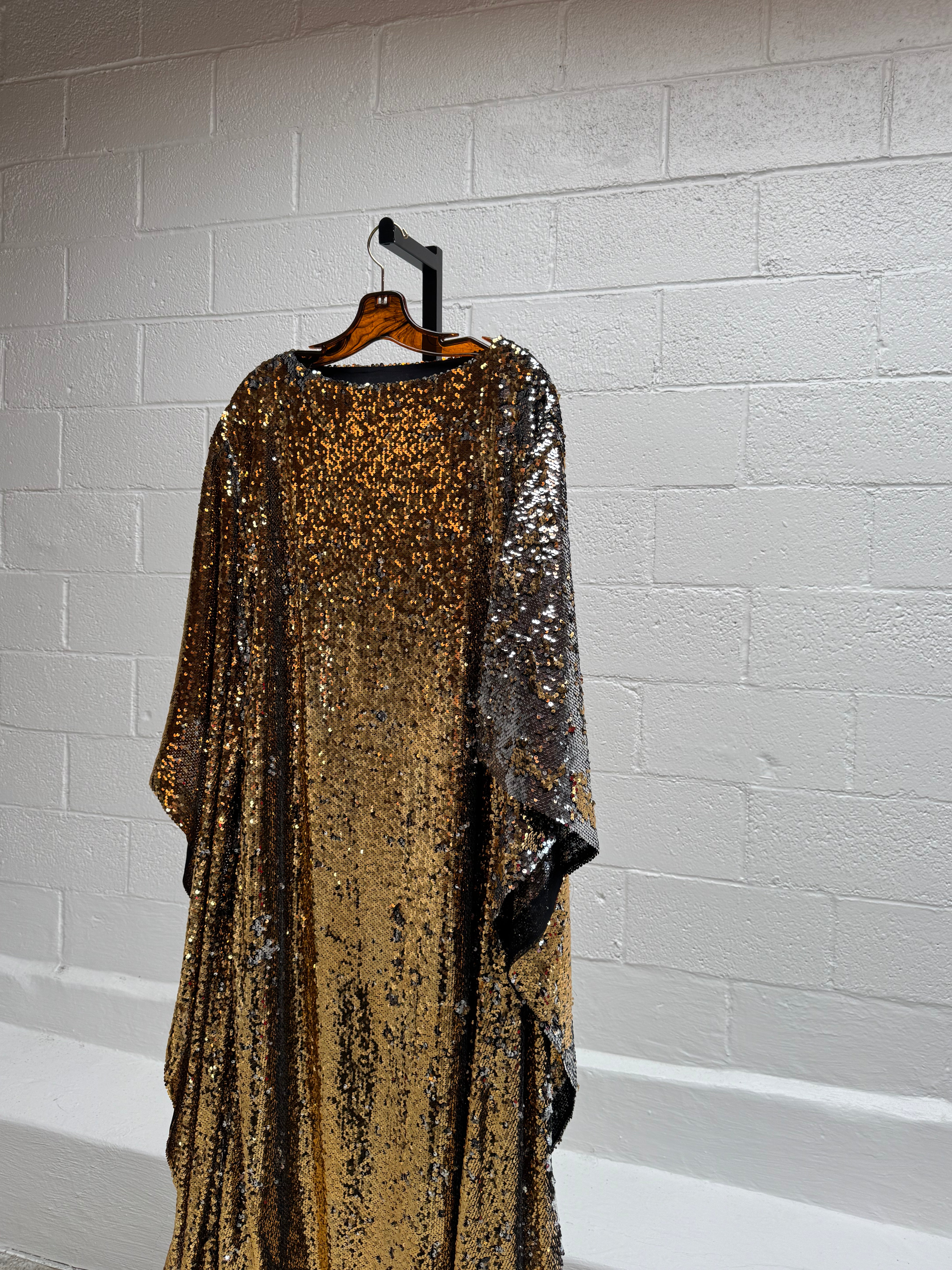 Custom Gold Sequins Caftan With Winged Sleeves