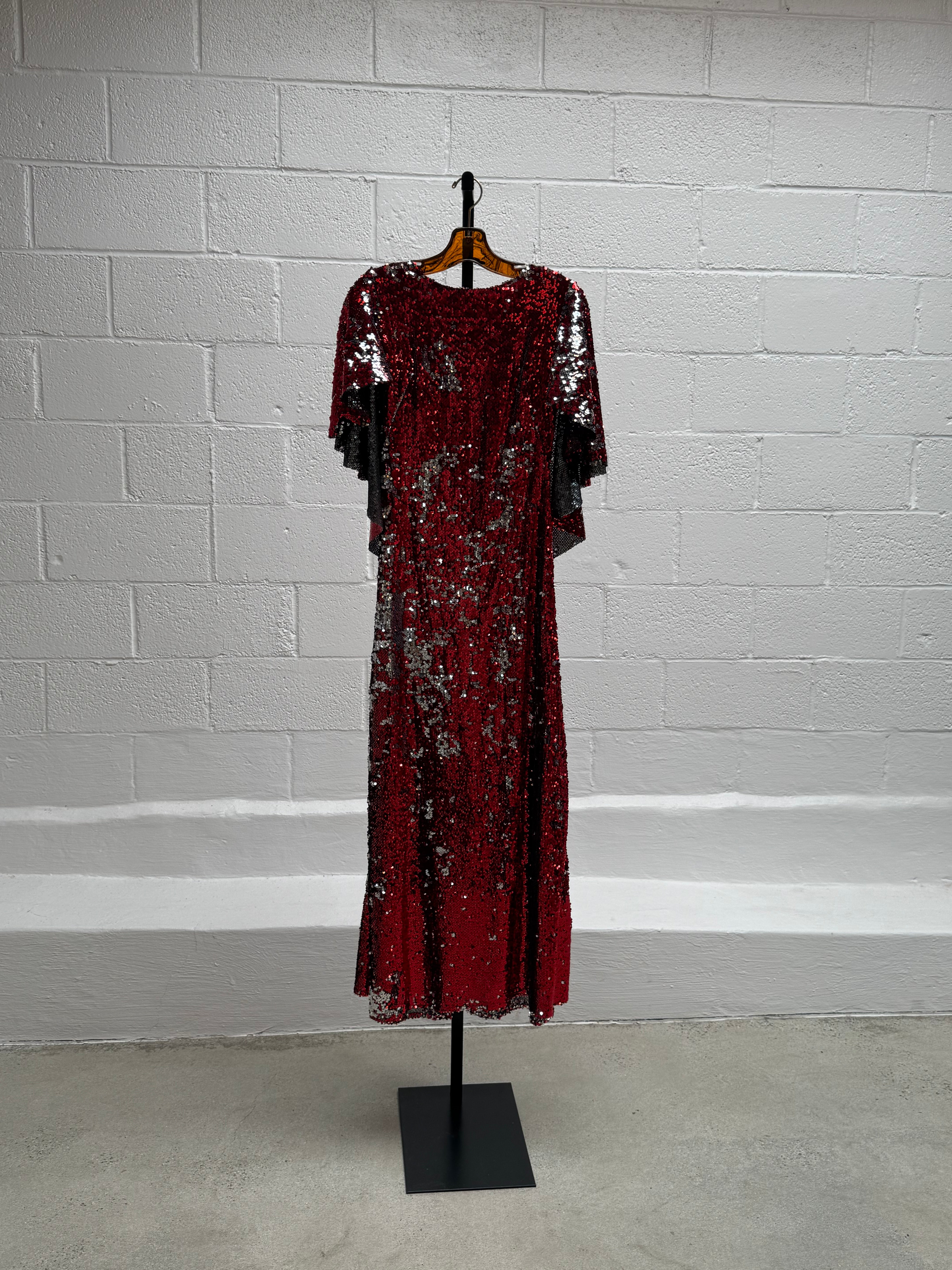 Red Sequins Dress with Cape Front