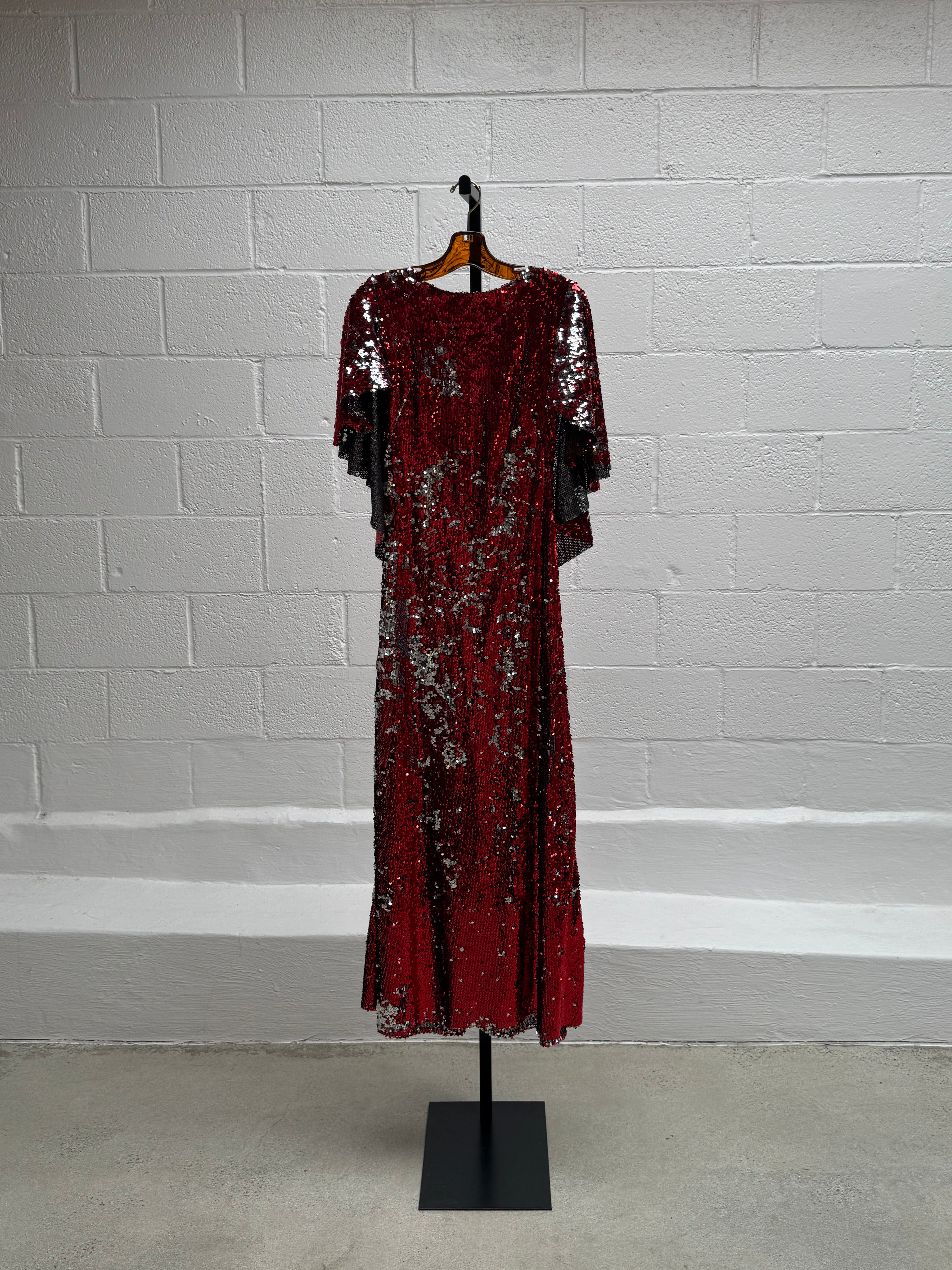 Red Sequins Dress with Cape Front