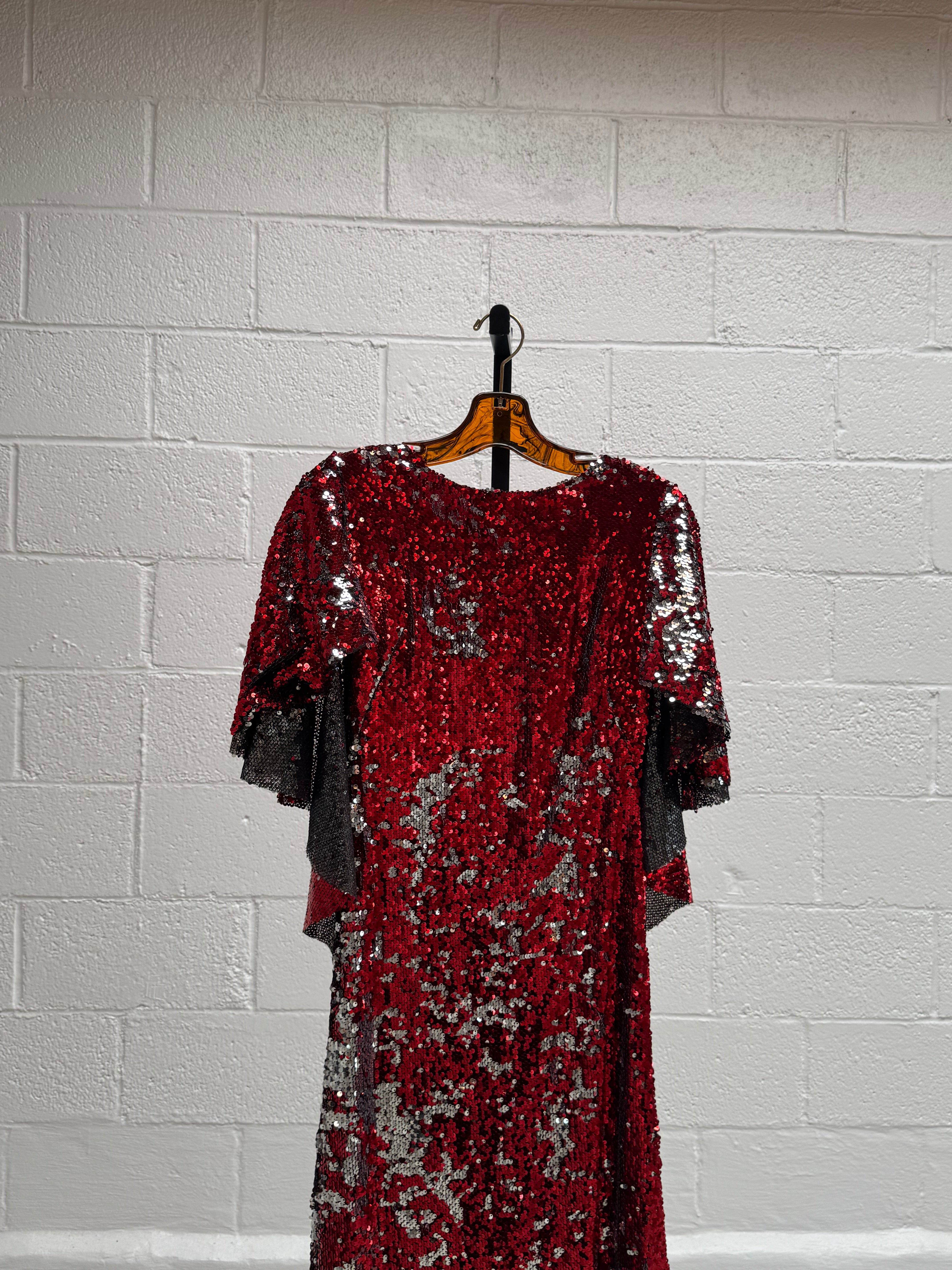 Red Sequins Dress with Cape Front
