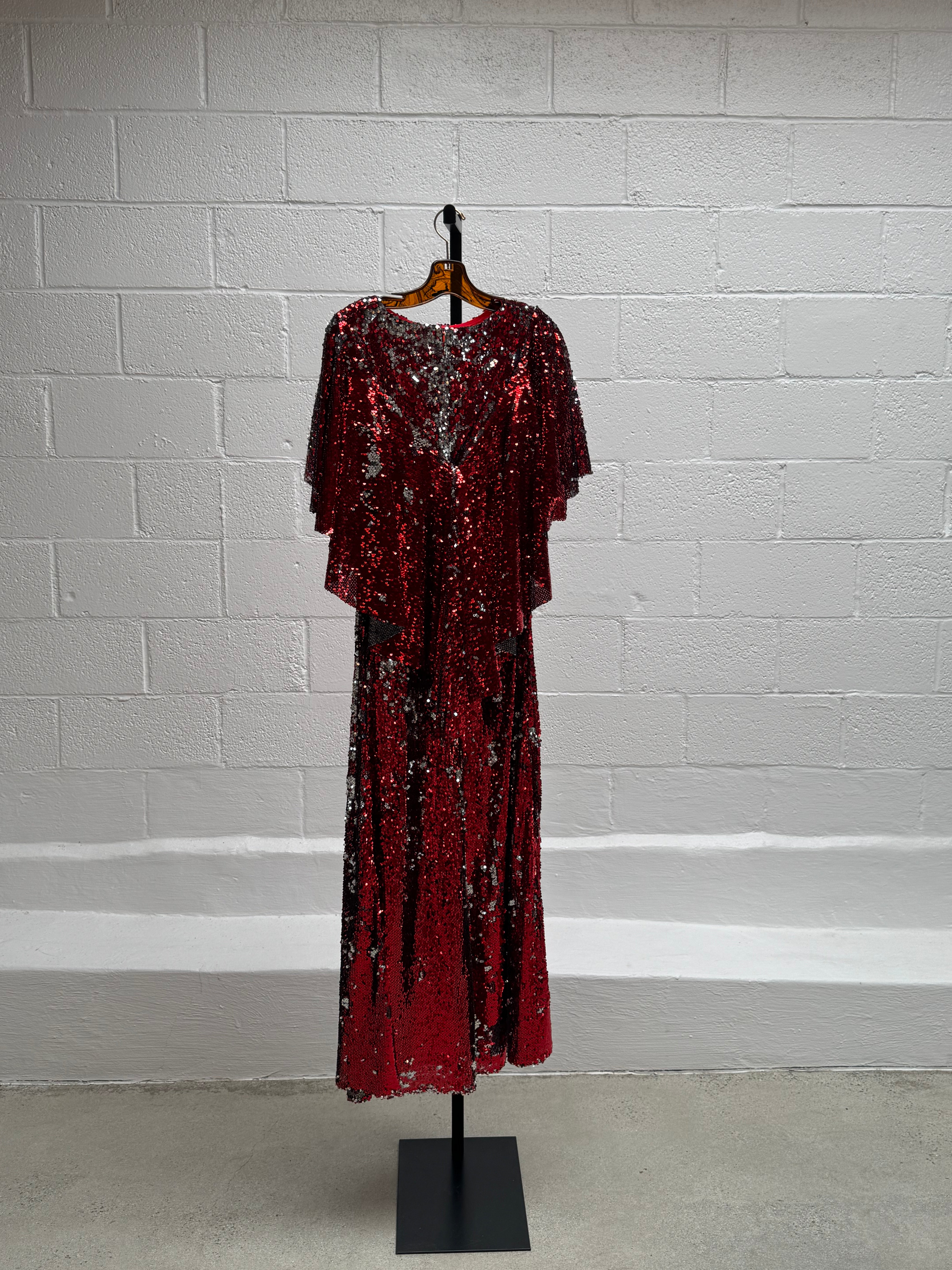 Red Sequins Dress with Cape Front