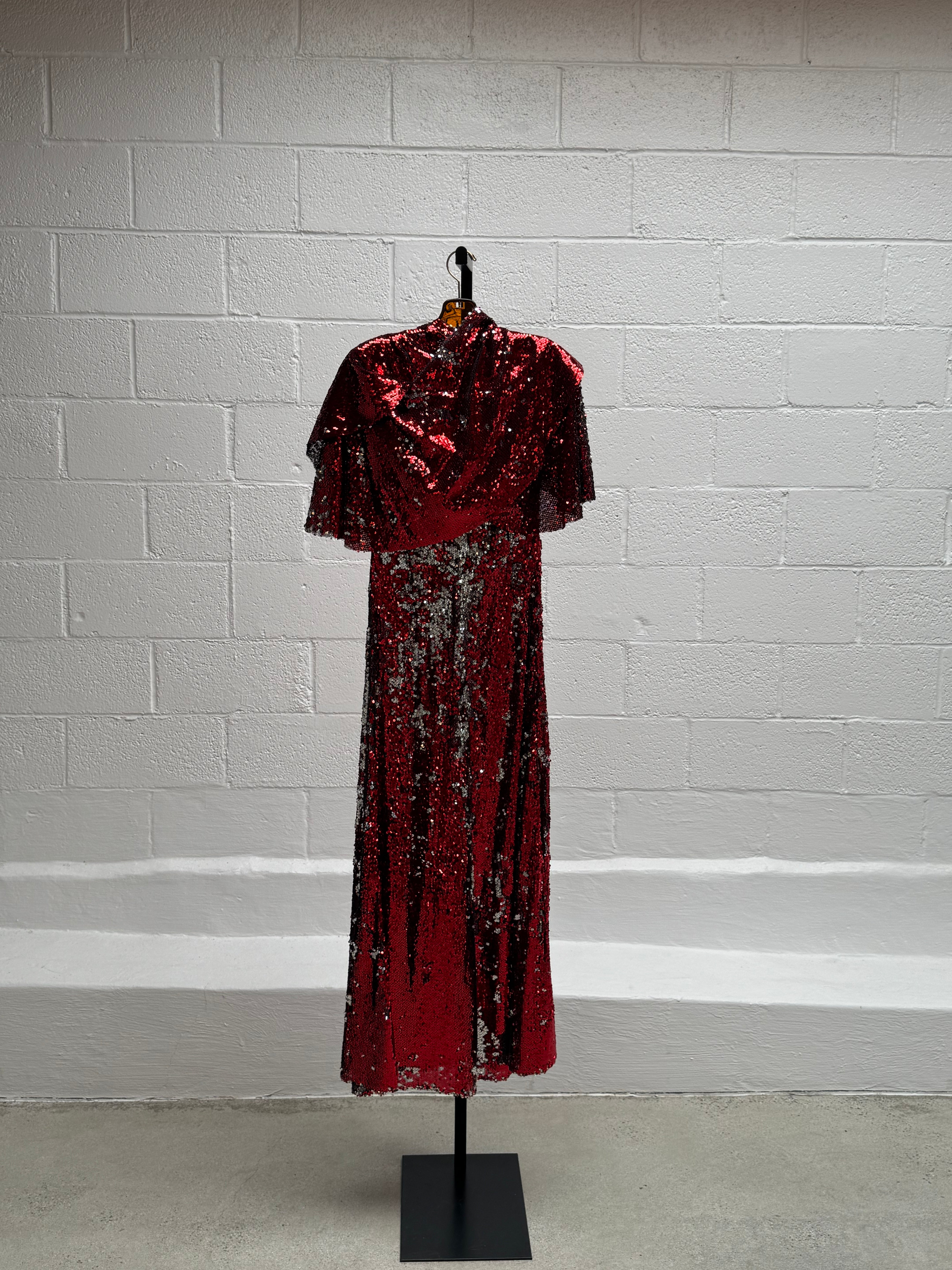 Red Sequins Dress with Cape Front