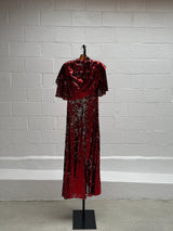 Red Sequins Dress with Cape Front