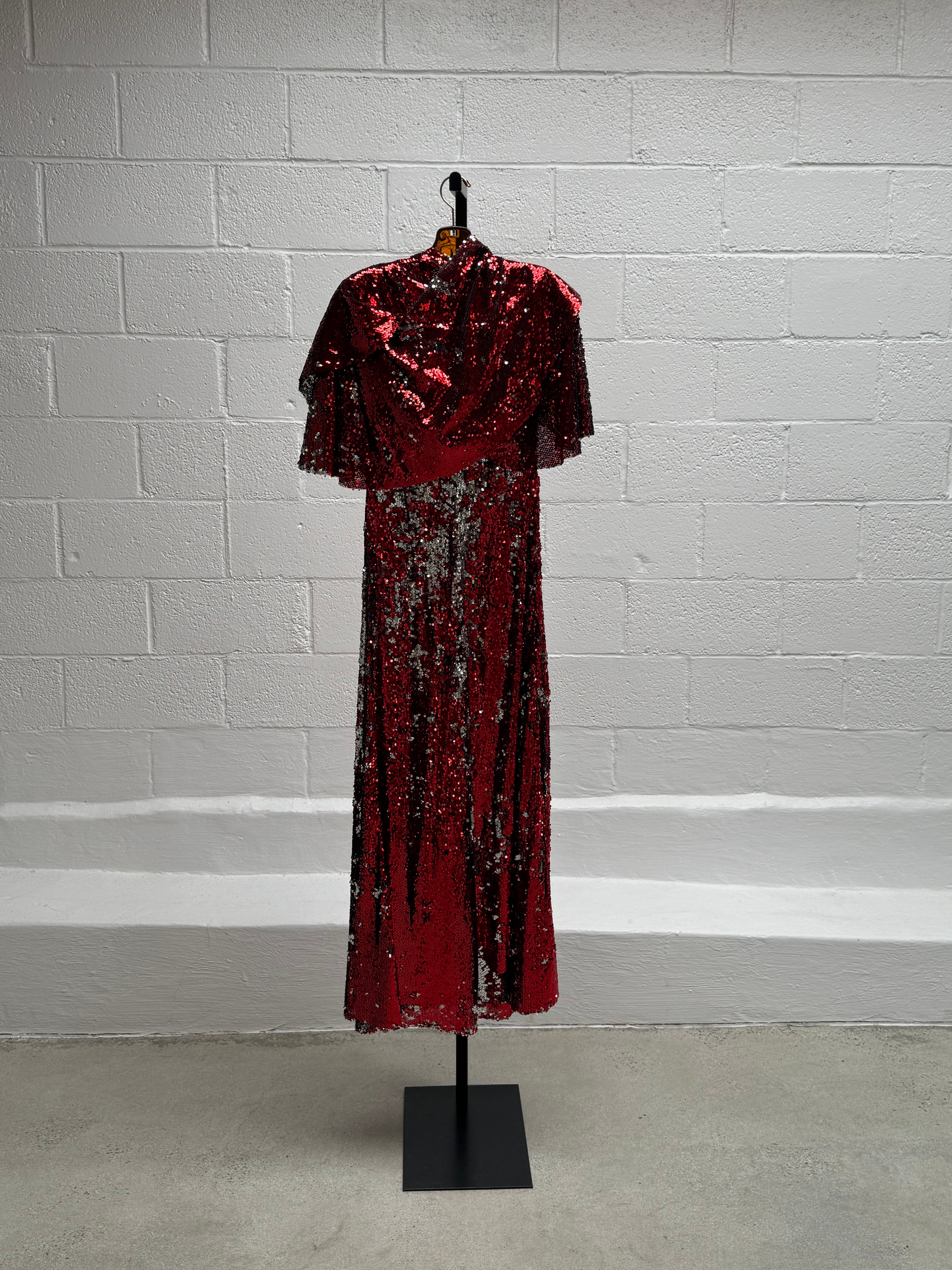 Red Sequins Dress with Cape Front