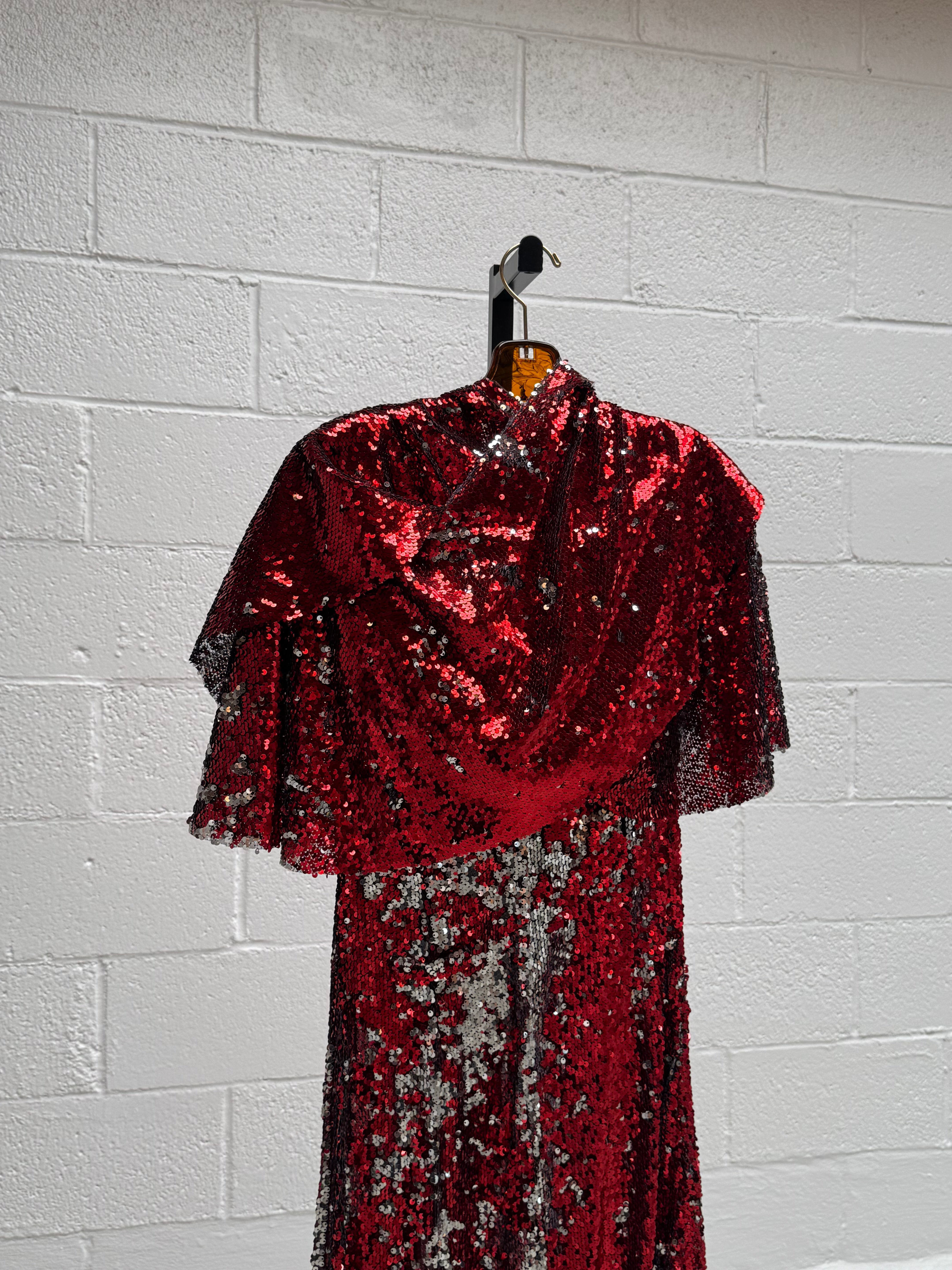 Red Sequins Dress with Cape Front