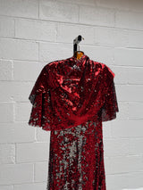 Red Sequins Dress with Cape Front
