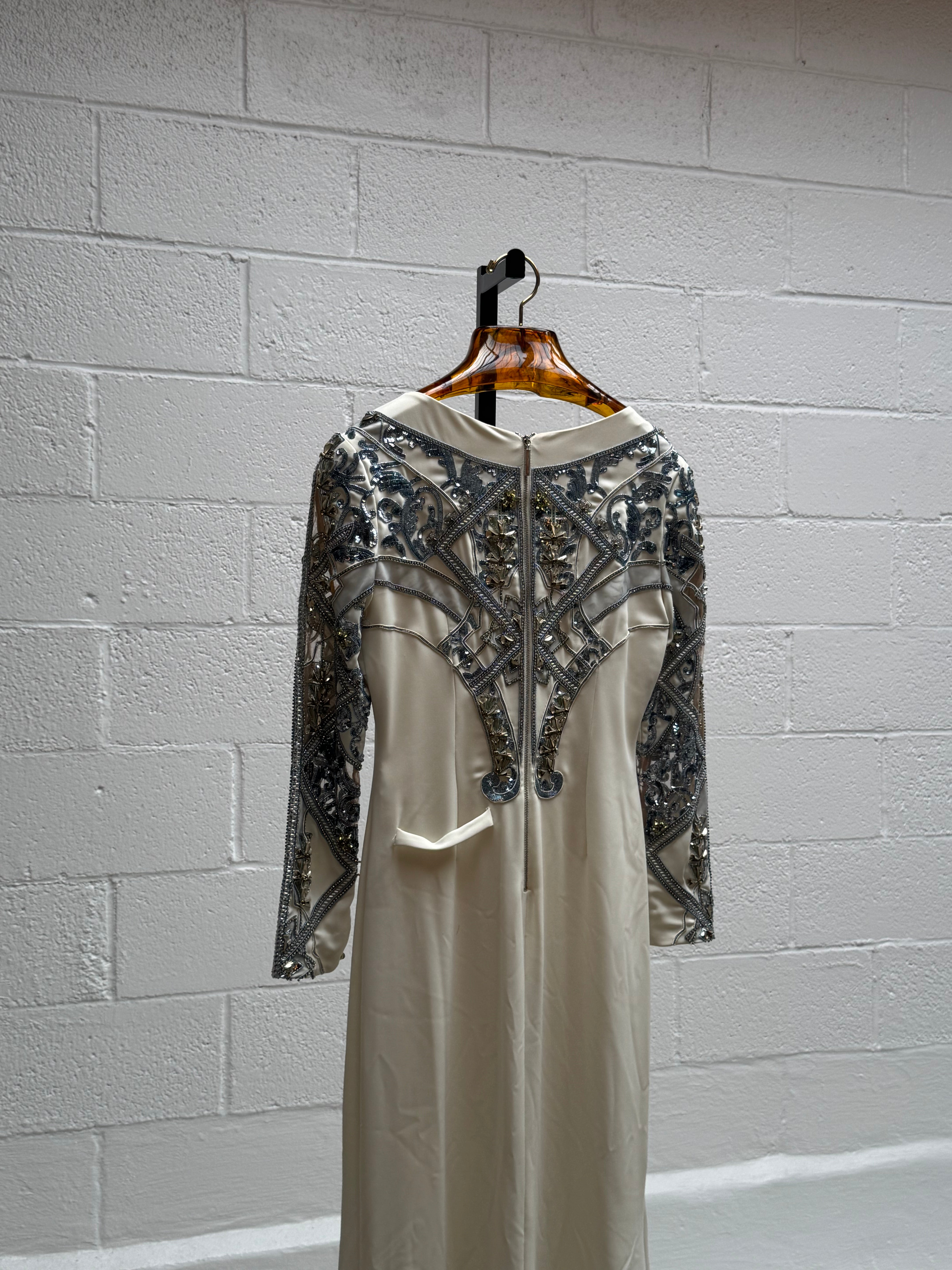 Long White Gown with Silver Beaded Detailing