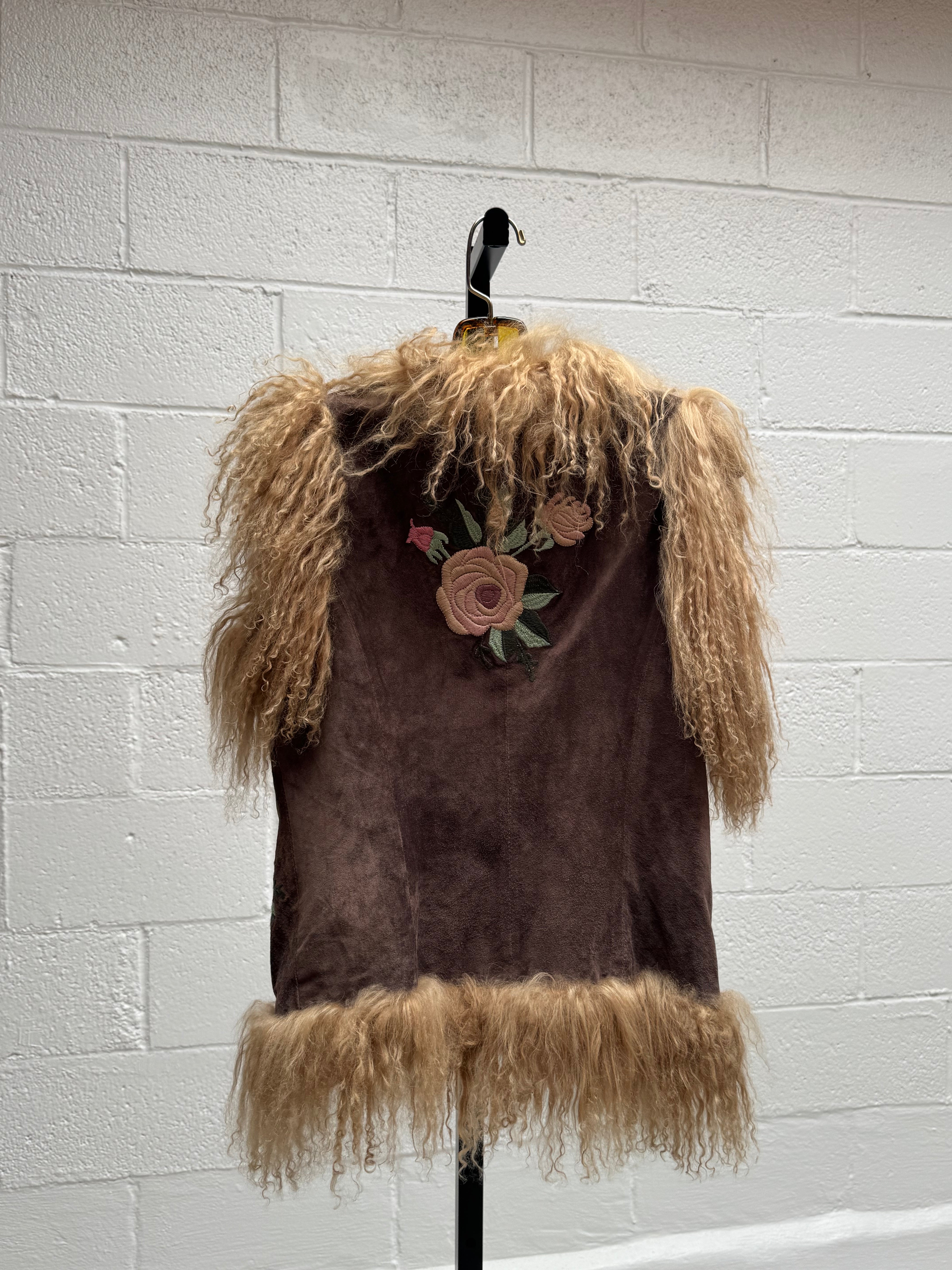 Cropped Fur Vest with Floral Embroidery