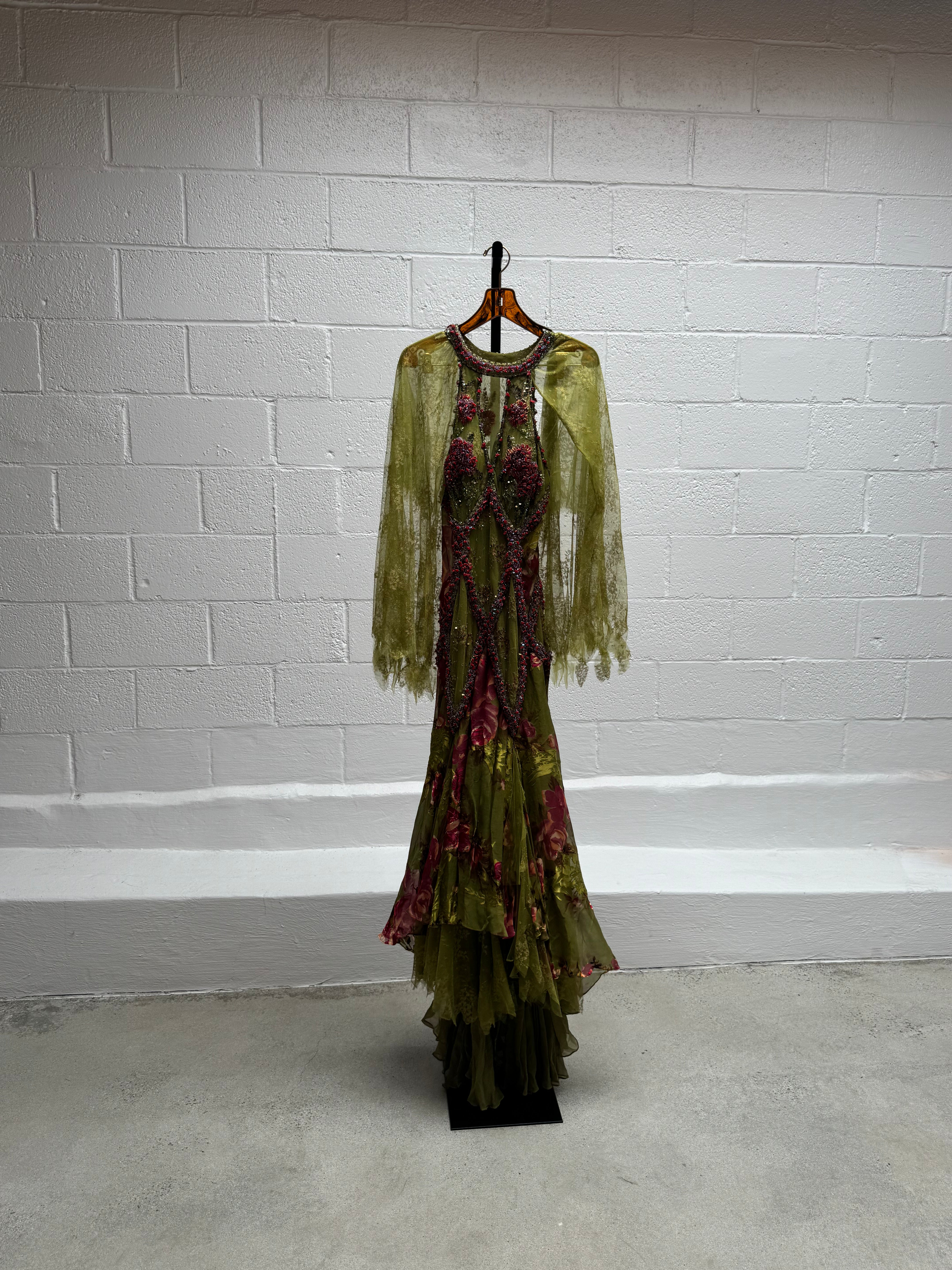 Green and Pink Beaded Chiffon Gown