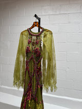 Green and Pink Beaded Chiffon Gown