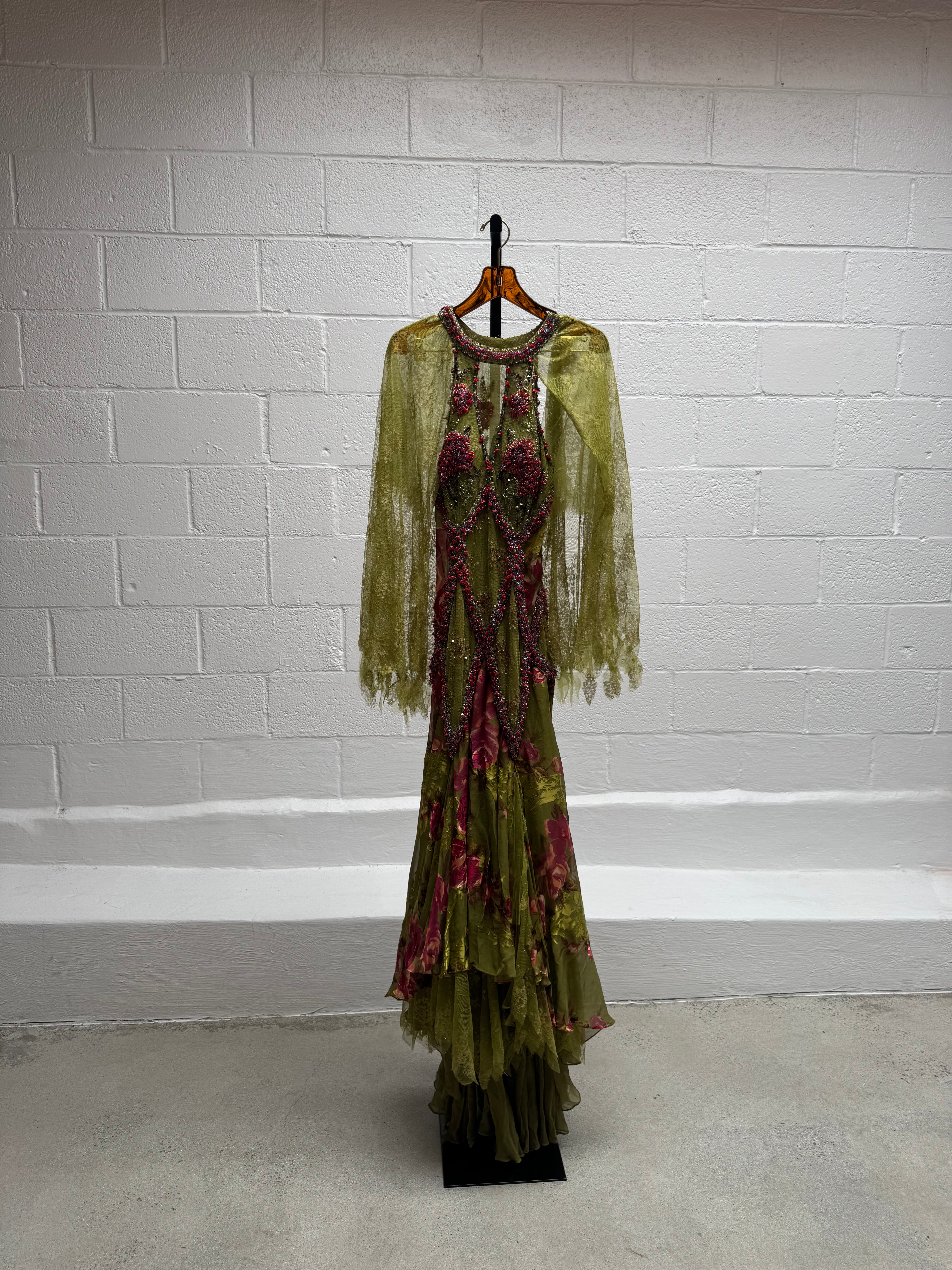 Green and Pink Beaded Chiffon Gown