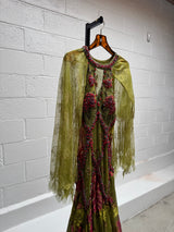 Green and Pink Beaded Chiffon Gown