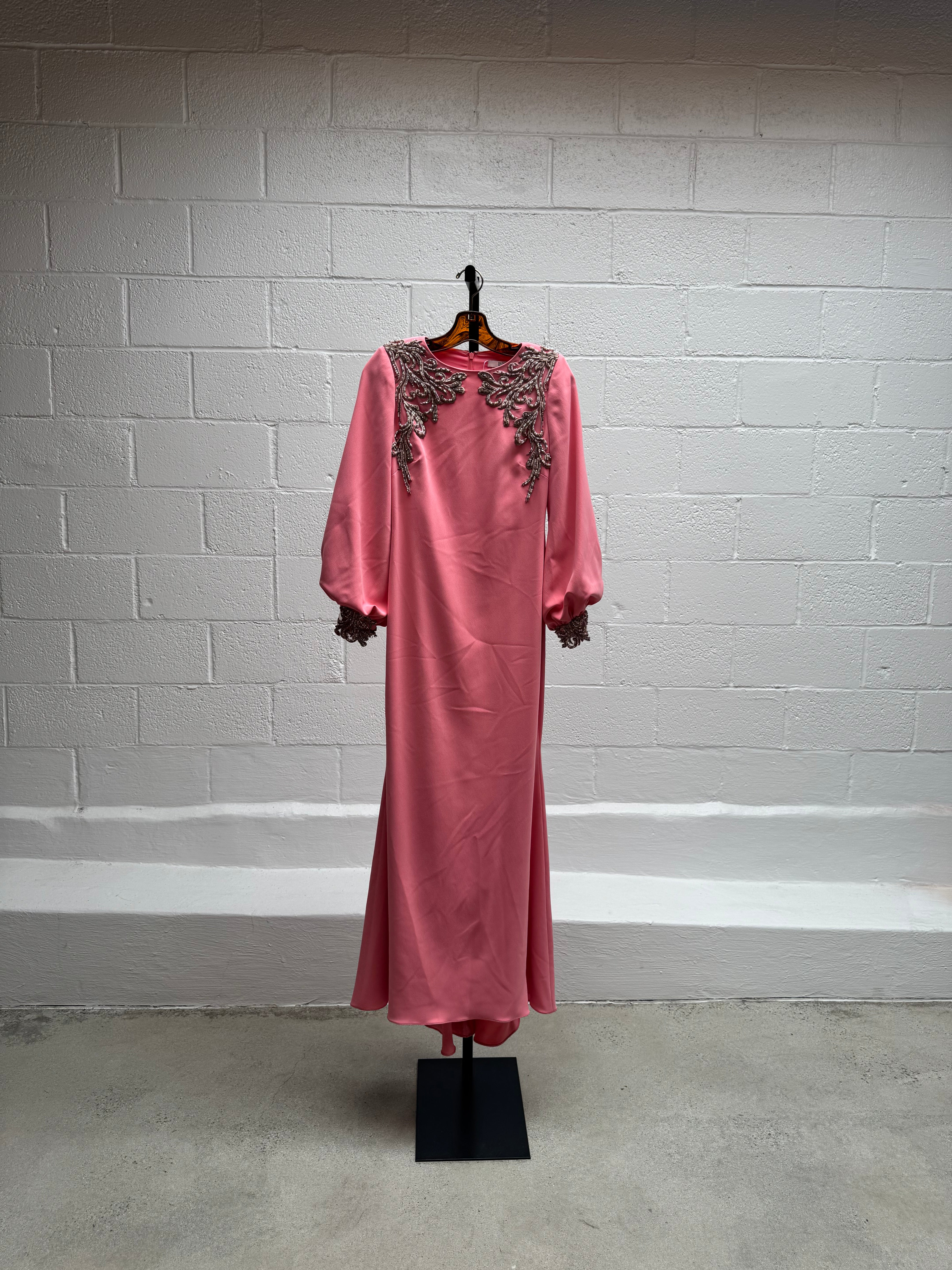 Pink Beaded Gown with Rhinestone Embellishment