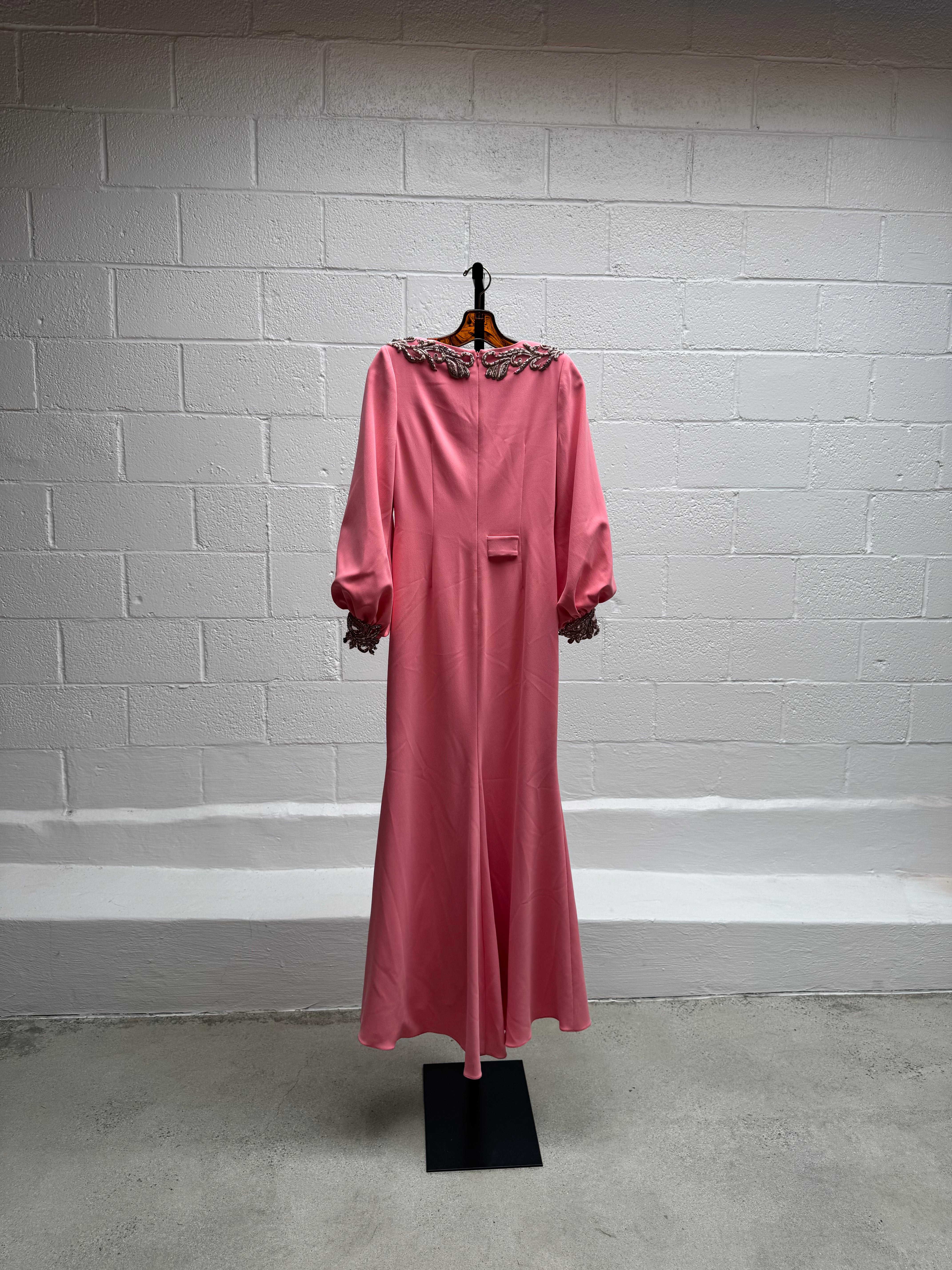 Pink Beaded Gown with Rhinestone Embellishment