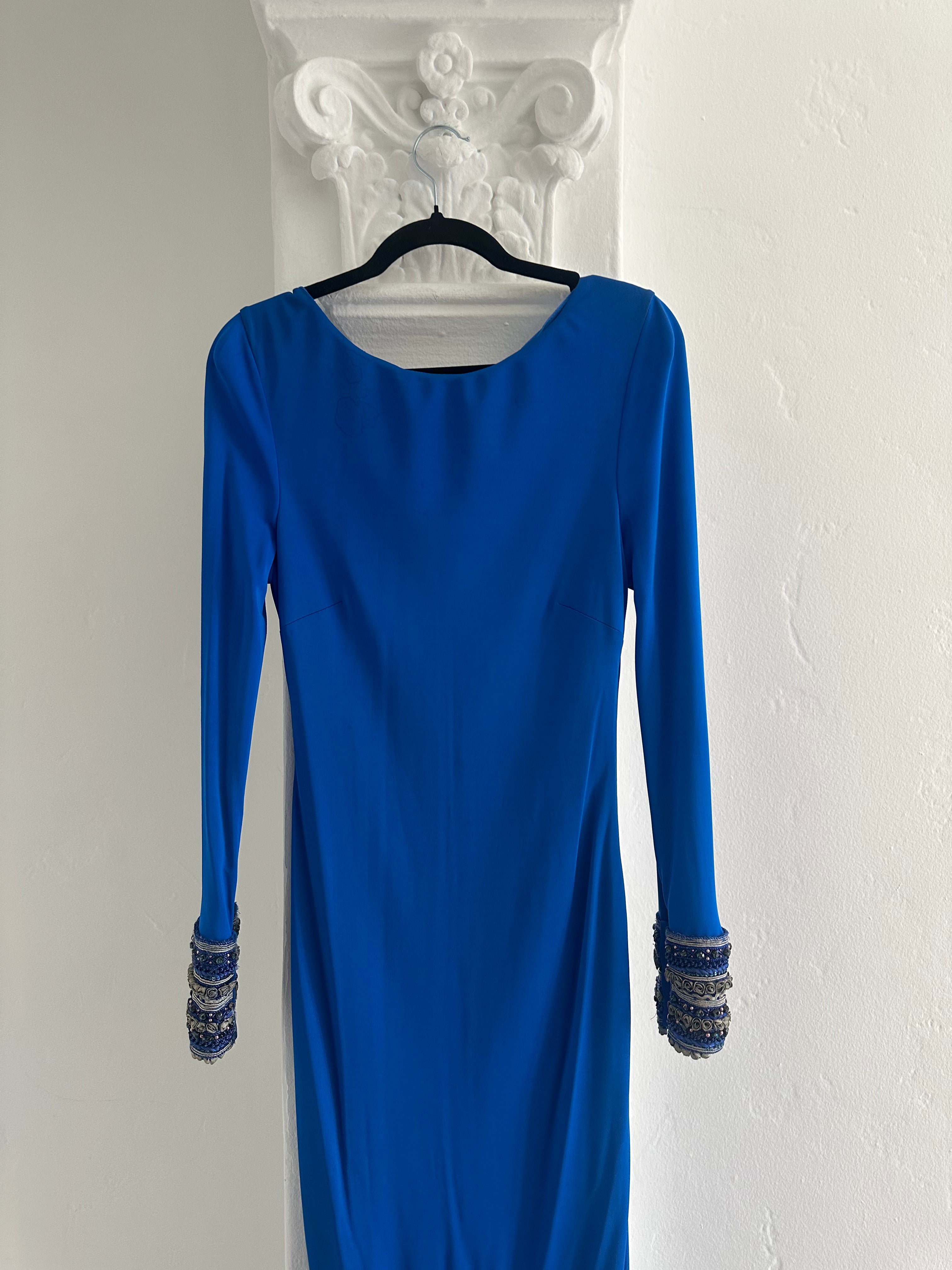 Elegant Long Sleeve Blue Maxi Dress  with Embellished  Cuffs