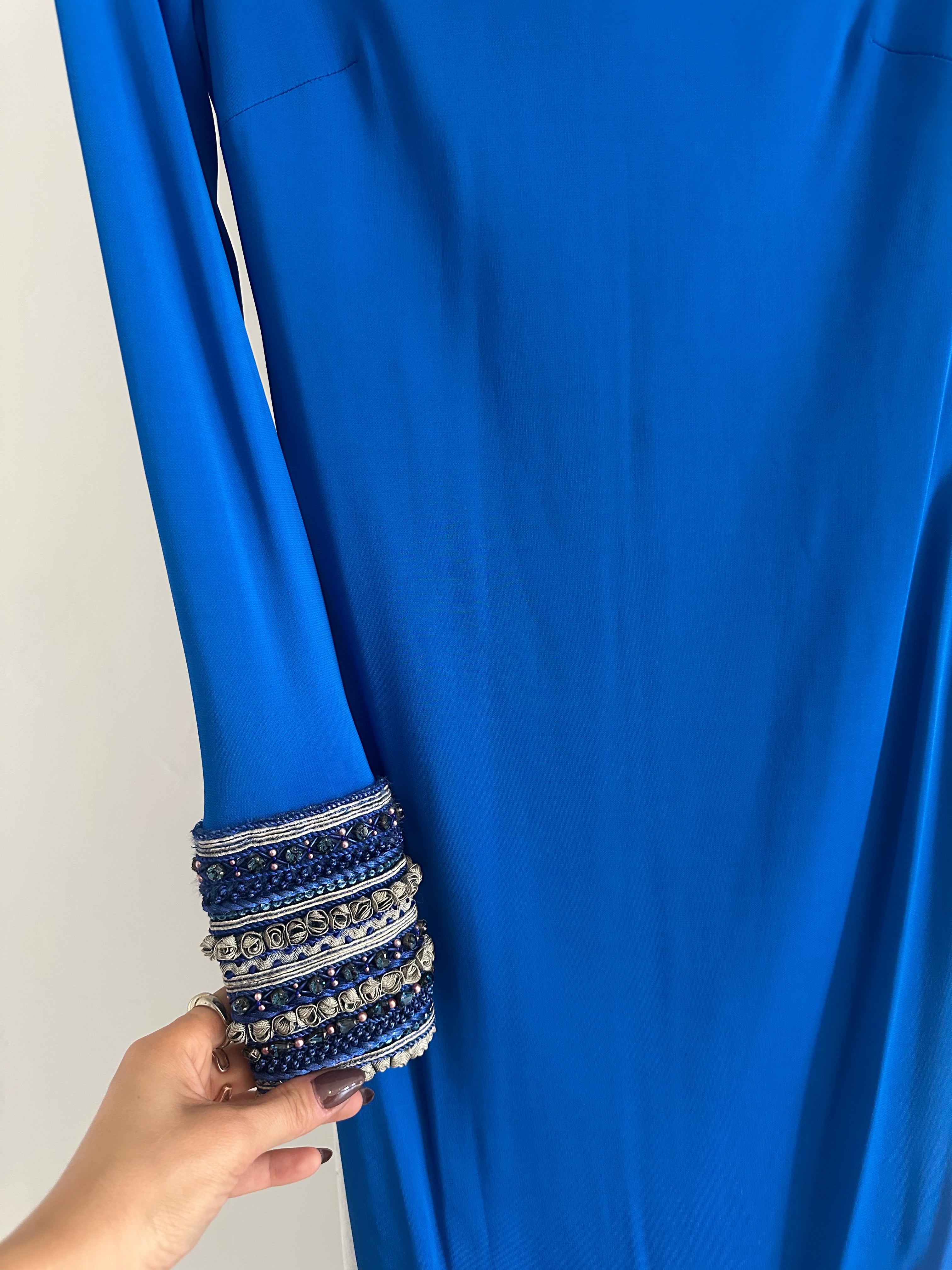Elegant Long Sleeve Blue Maxi Dress  with Embellished  Cuffs