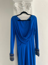 Elegant Long Sleeve Blue Maxi Dress  with Embellished  Cuffs