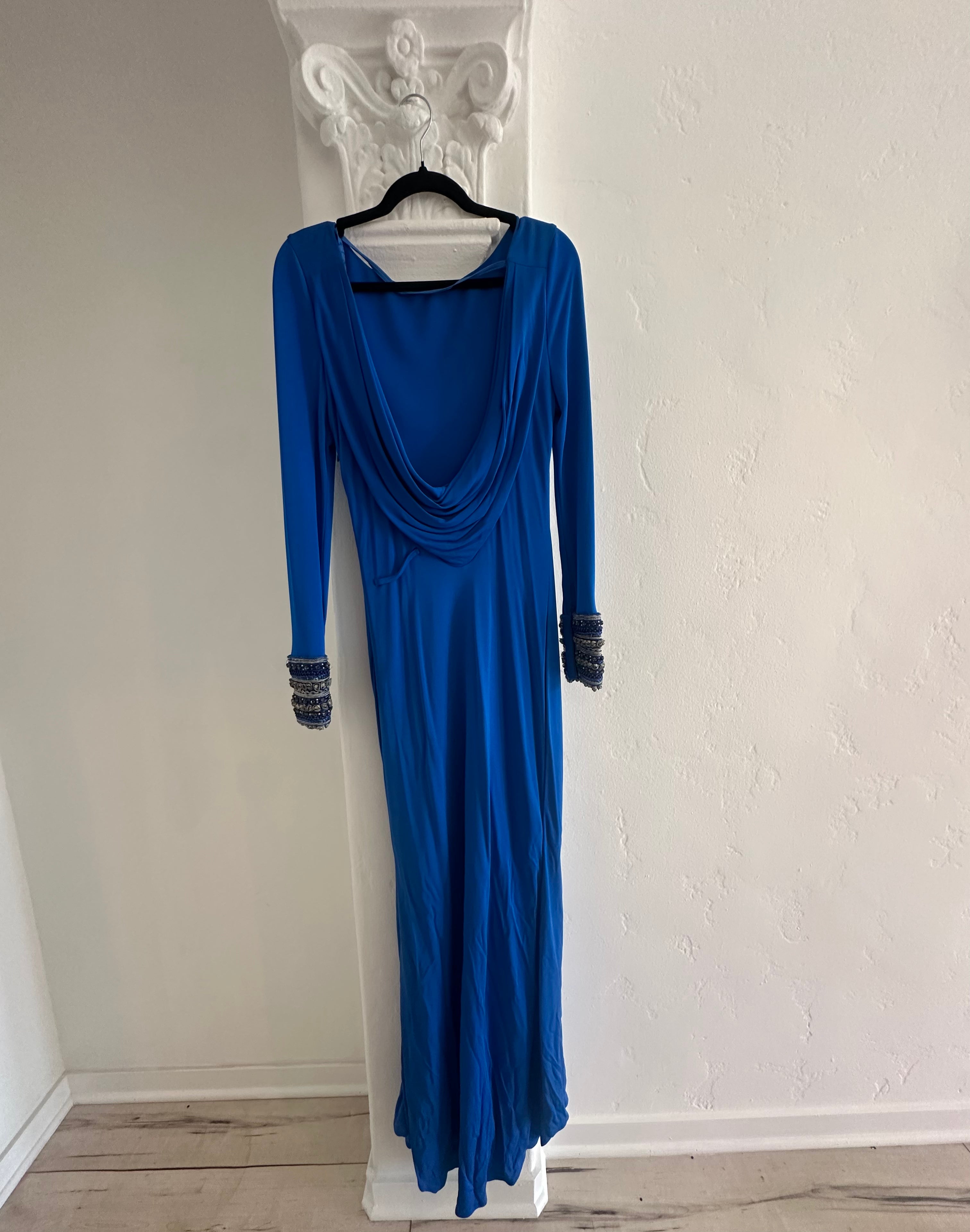 Elegant Long Sleeve Blue Maxi Dress  with Embellished  Cuffs