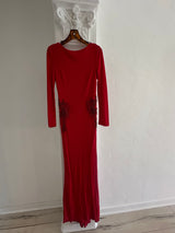Elegant Long Sleeve Red Maxi Dress with Beaded Floral Accents