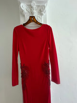 Elegant Long Sleeve Red Maxi Dress with Beaded Floral Accents