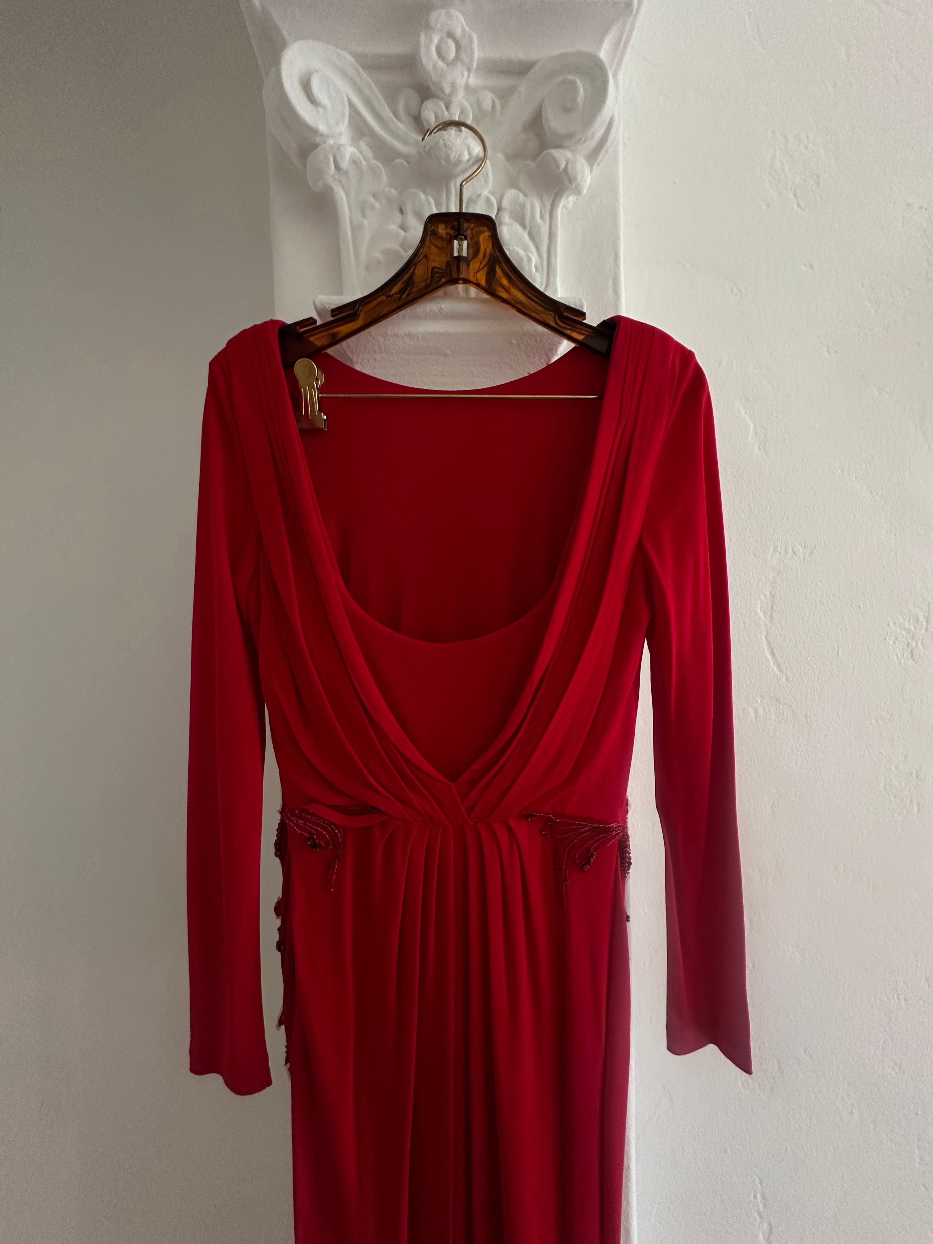 Elegant Long Sleeve Red Maxi Dress with Beaded Floral Accents