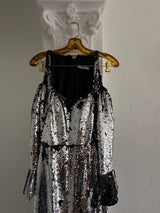 Eye-Catching Silver and Black Sequin Jumpsuit with Off-The-Shoulder Sleeves