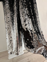 Eye-Catching Silver and Black Sequin Jumpsuit with Off-The-Shoulder Sleeves