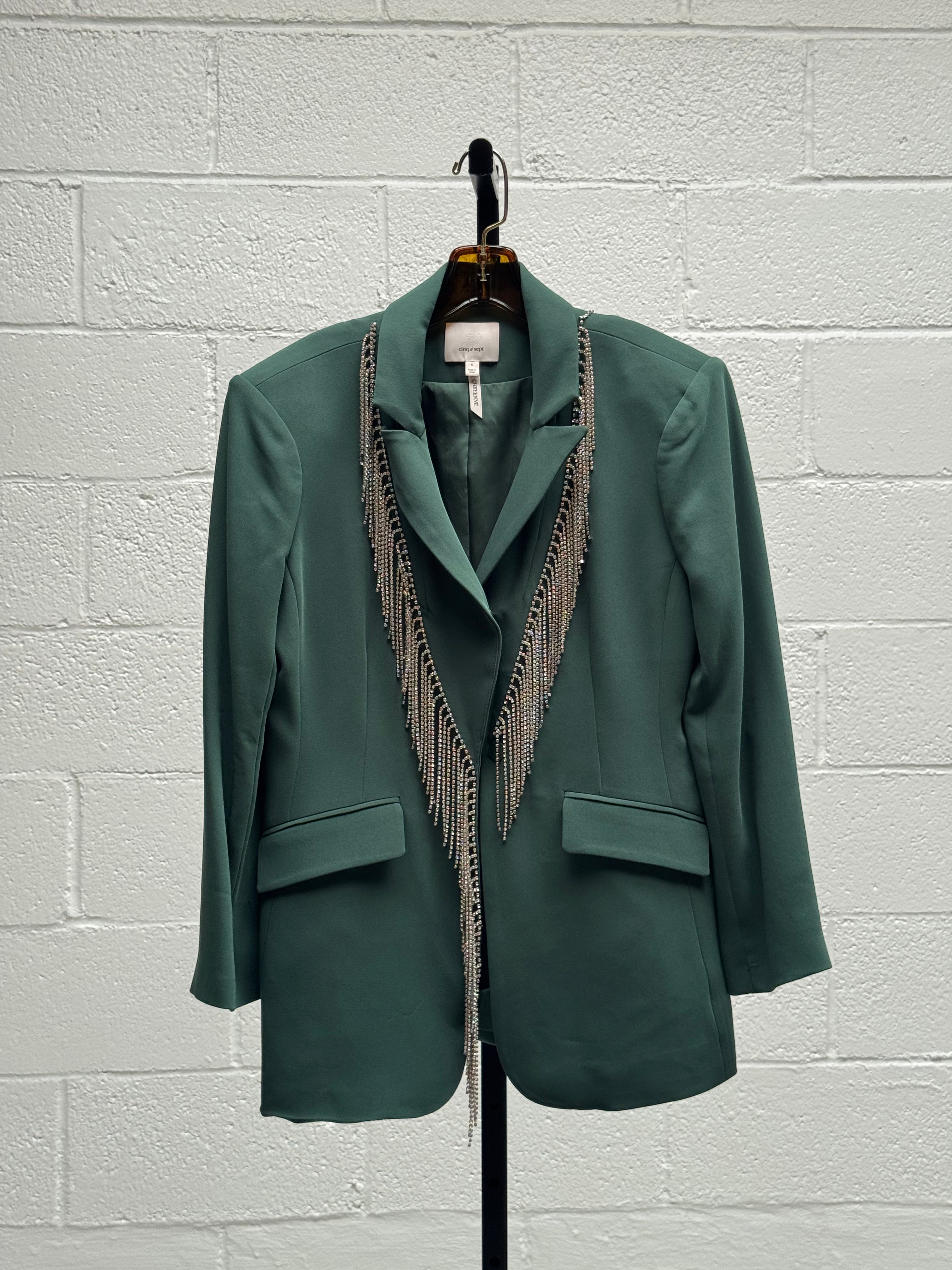 Green Jacket and Pant Set with Rhinestone Fringe